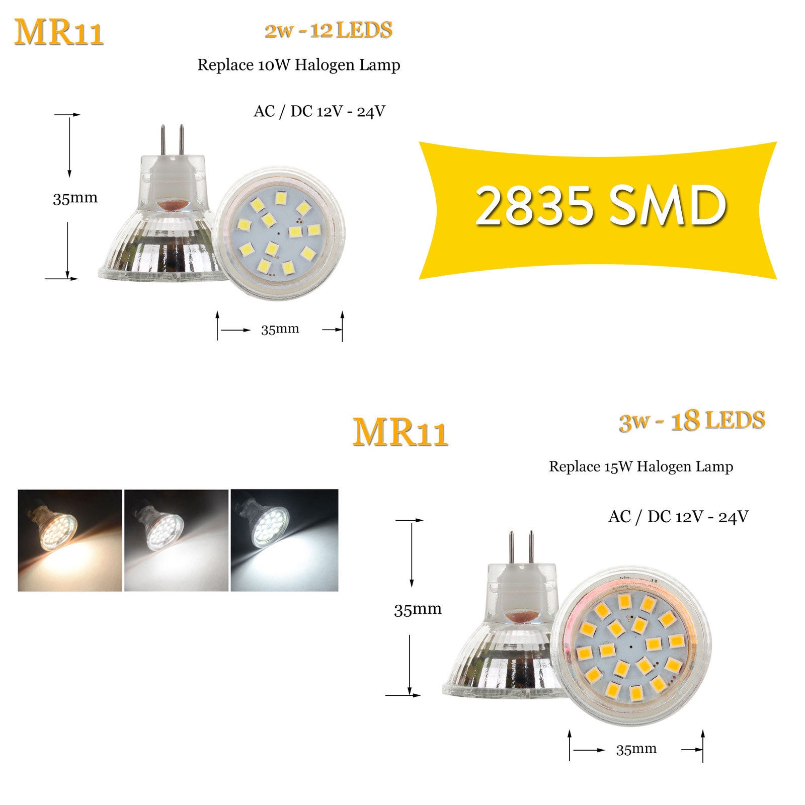 12V 24V 2835 SMD 2W 3W MR11 GU4 Mini LED Spotligh Bulbs12LEDs 18LEDs Bright Cool Warm White Lamp Replace 10W 20W Halogen Light