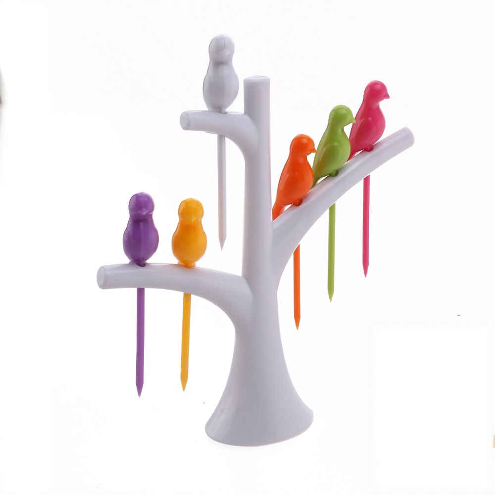 Tree and Bird Shaped Plastic Toothpick Fruit Fork (White): White