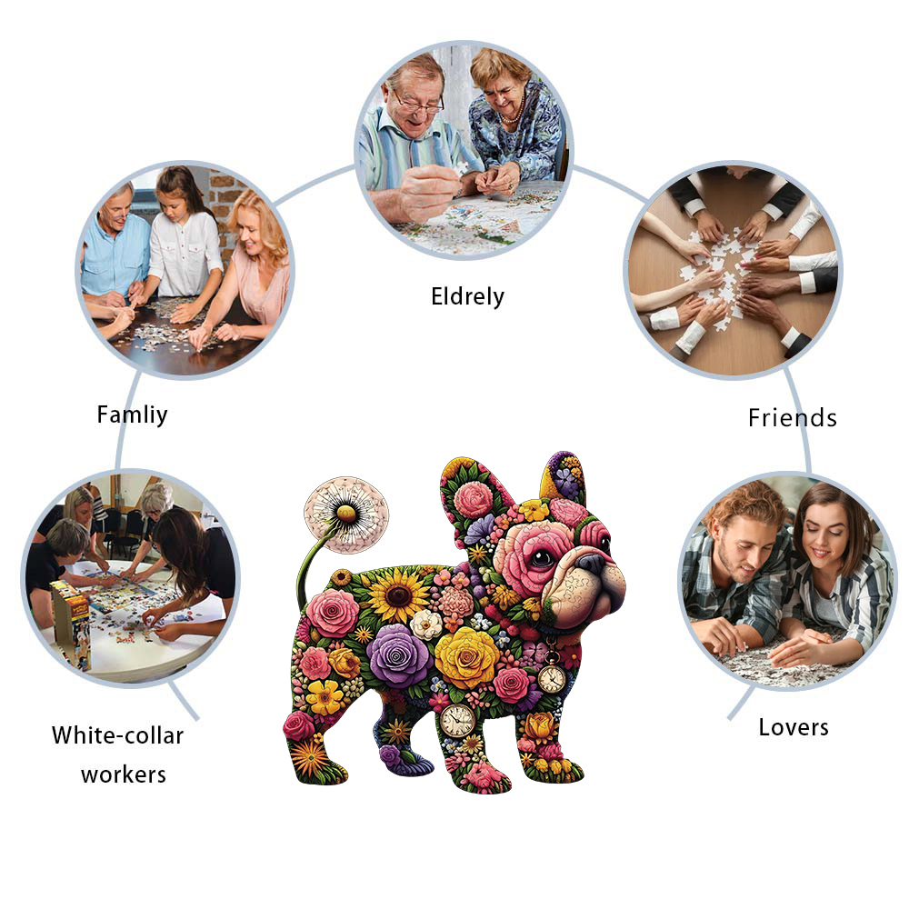 Puzzle in legno per adulti, puzzle colorati con bulldog e fiori, un regalo speciale per amici e familiari, arte moderna per la casa.