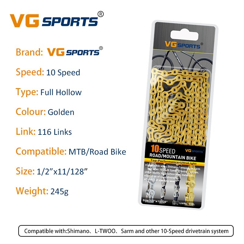 Vg Fietsketting 8 9 10 11 Speed Velocidade Hollow Gold Rainbow 116 Links Weg Mountainbike Kettingen Fiets Accessoires: 10S FH Gold