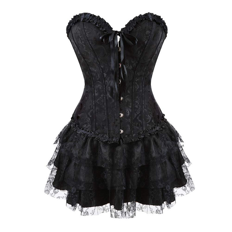 Conjunto Sexy de corsé para mujer, ropa gótica de talla grande con encaje en el pecho, Top de corsé negro con falda, disfraz Burlesque: M