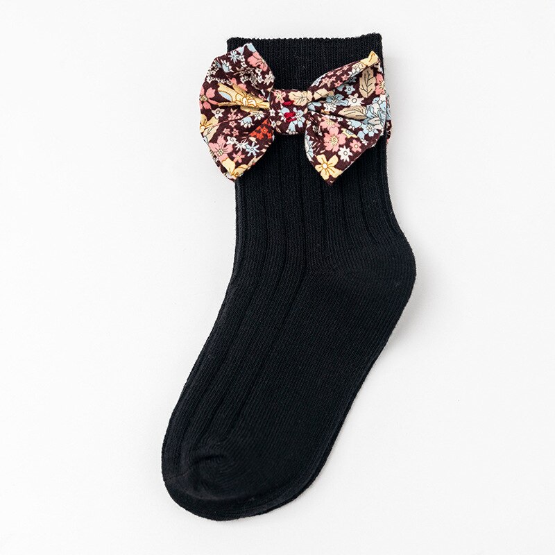 Flower Printed Kids Socks Cute Bows Spring Autumn Baby Girl Short Socks Soft Cotton Children Toddler Floor Socks: Black