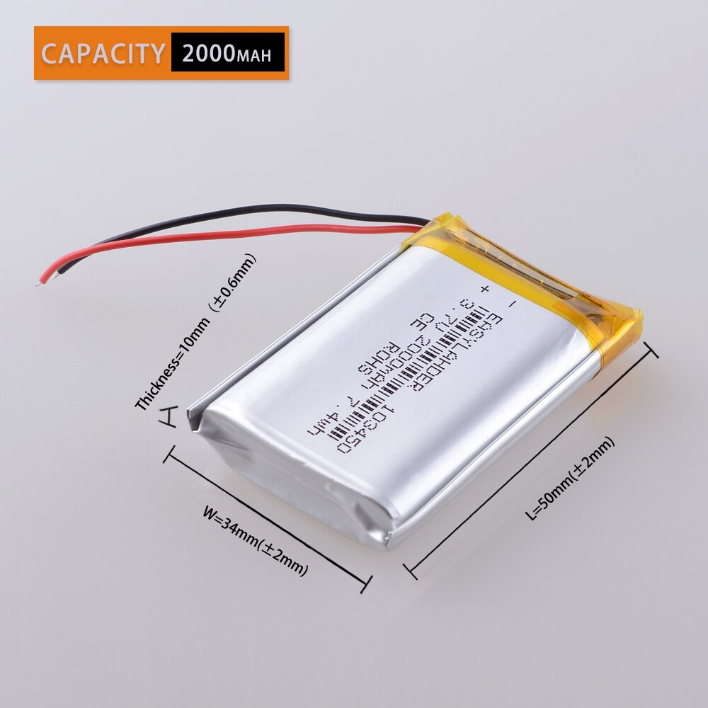 3,7 V 2000mAh 103450 Lipo Polymer Lithium Batterie Navigator DVR GPS Kamera JST PH 2,0mm 2pin PS4 LIP1522