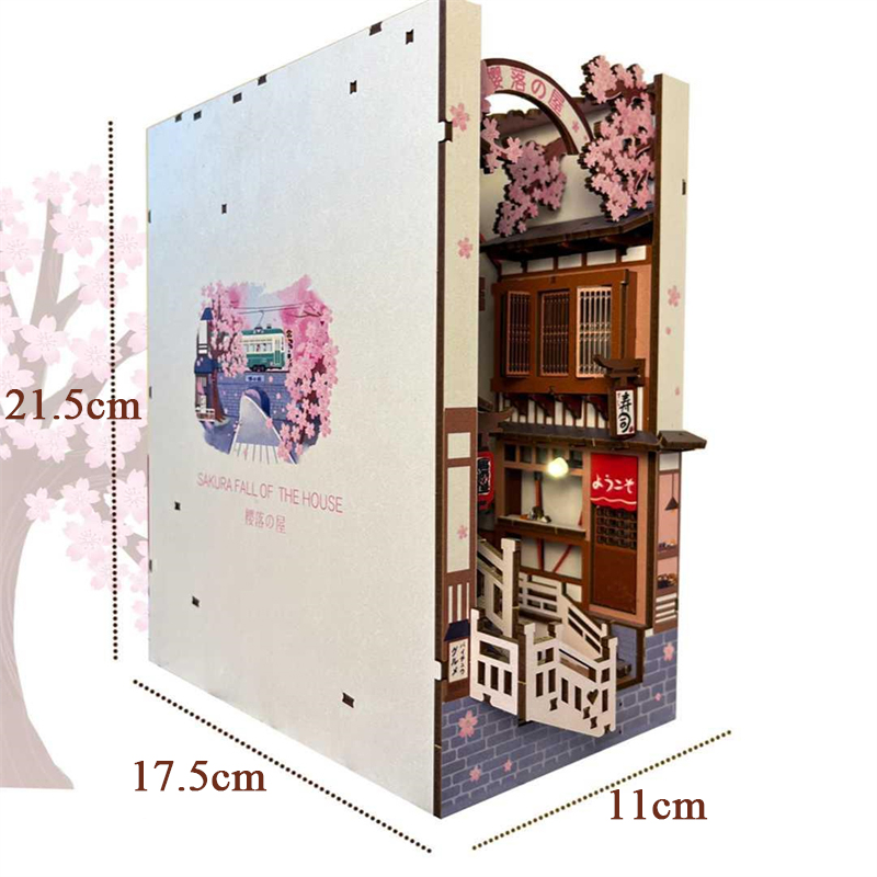 DIY Holz Buch Winkel Regal Einsatz Bausätze Miniatur Kirschblüte Buchstützen Japanische Puppe HäNutzer Spielzeug Bücherregal Wohnkultur