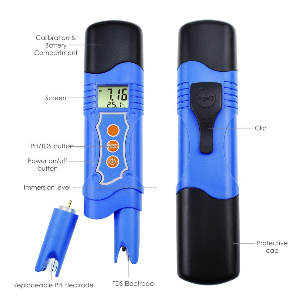 3-in-1 pH / TDS / Temperature Meter Combo Water Tester Digital Pen-Type with ATC 0.00~14.00pH 0~1999mg/L(ppm) Pool, Spa