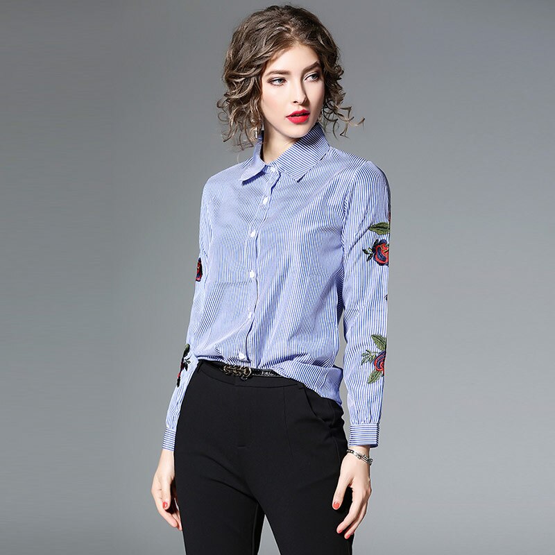 Willstage, blusa con bordado de rosas, camisas con estampados florales y a rayas para mujer, blusa de manga larga, ropa blanca, novedad de otoño , Tops femeninos
