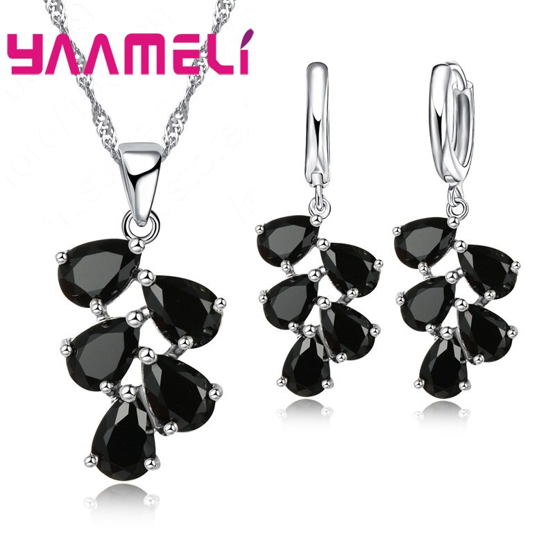 Regalo di anniversario per le donne impostato di gioielli in argento sterlina 925 alla moda pendenti con zirconi cubici collane orecchini a cerchio con ciondolo: nero