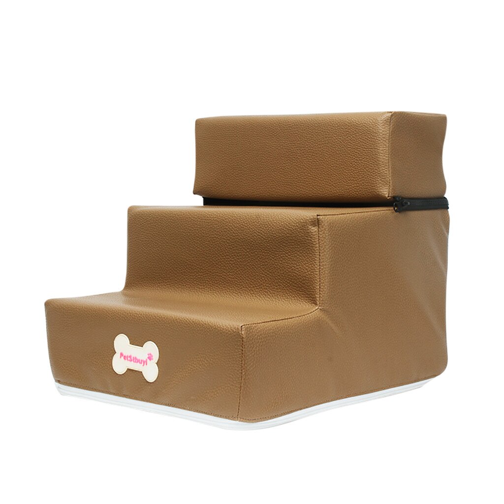 Mode Lederen Opvouwbare Pet Trappen Afneembare Pet Bed Kat Hond Oprit 3 Stappen: Dark Khaki