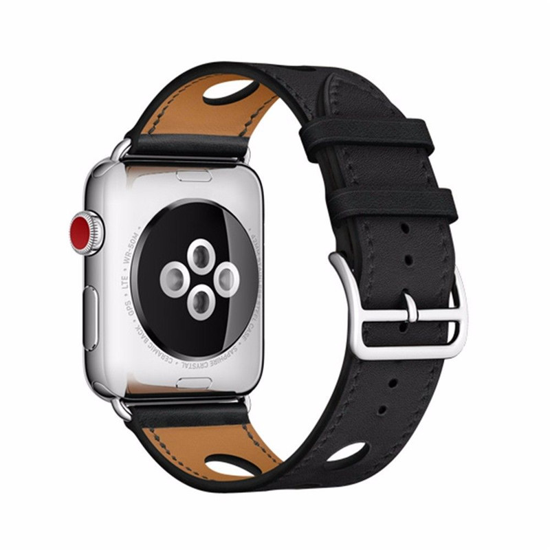 Pulsera de cuero con agujero hueco a la para Apple Watch, correa de 38 40 41mm 42 44 45mm, correa de reloj iWatch Series 3 4 5 6 7 SE: Negro y gris / 12 mm