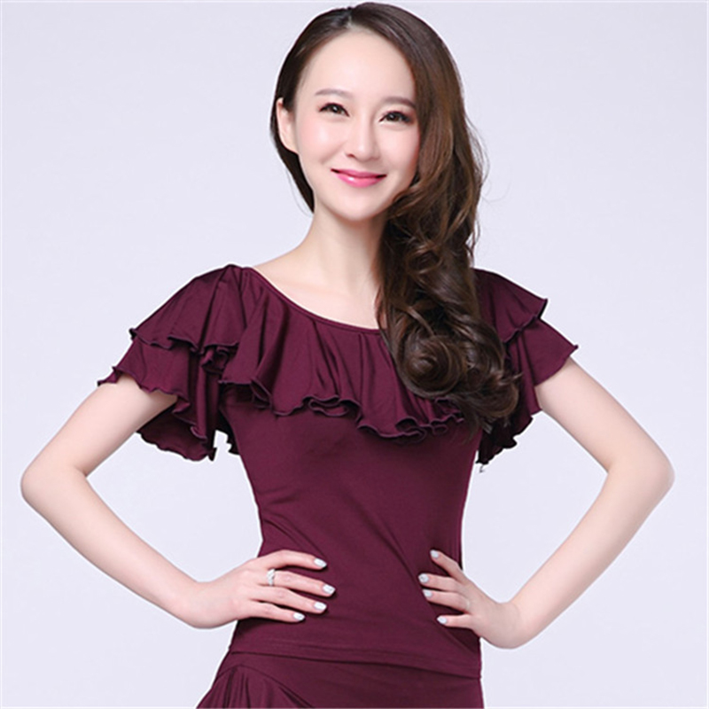 Latin Dance Ballroom Dansshirt Activewear Top Ruches Pure Kleur Dames Performance Korte Mouw Melkvezel Blouse Kleding: L / Paars