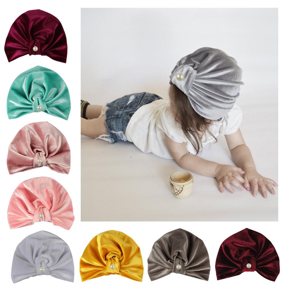 Gorro indio dorado de terciopelo con nudo para niños, Bandanas para niñas y bebés, turbante, diadema con bandas para la cabeza del cabello, accesorios, gorro, Z301