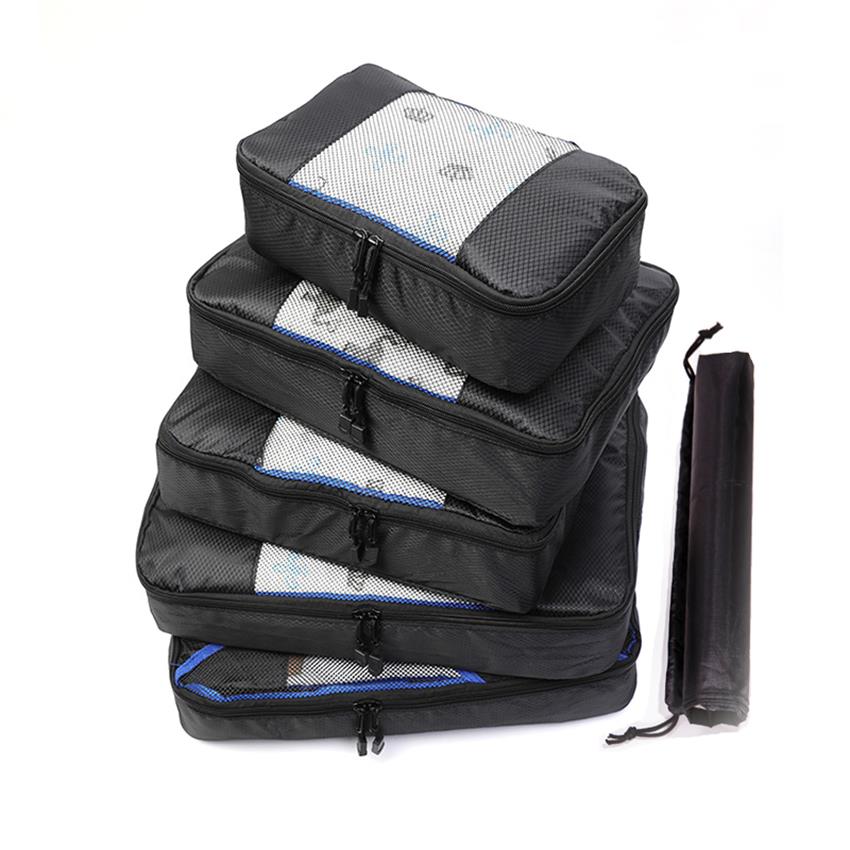 Men Women Children's Nylon Foldable Travel Bag Large Capacity Hand Luggage Waterproof Packing Cubes Travel Luggage Organizer: BLACK 5 Set