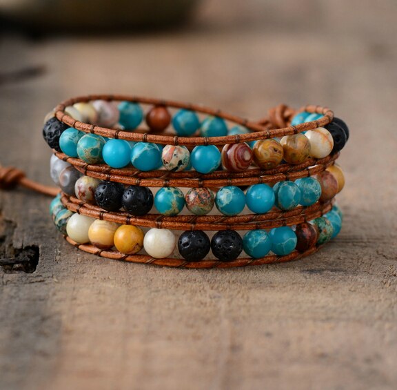 Bracelets Bangles Women 6MM Natural Stone Lava Beads 3 Strands Wrap Bracelets Multilayer Boho Leather Bracelet