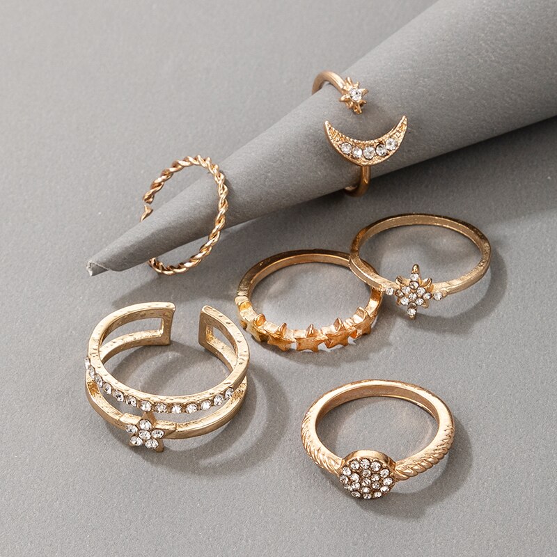 Docona 6 unids/set Bohemia Luna estrella conjuntos de anillos para nudillos para las mujeres de cristal encantador anillos para articulaciones Mujer Accesorios de la joyería de Bijou