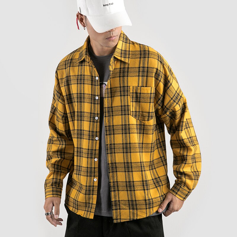 SingleRoad Mens Shirt Men Yellow Plaid Long Sleeve Shirt Japanese Streetwear Harajuku Korean Clothes Male Shirts For Men