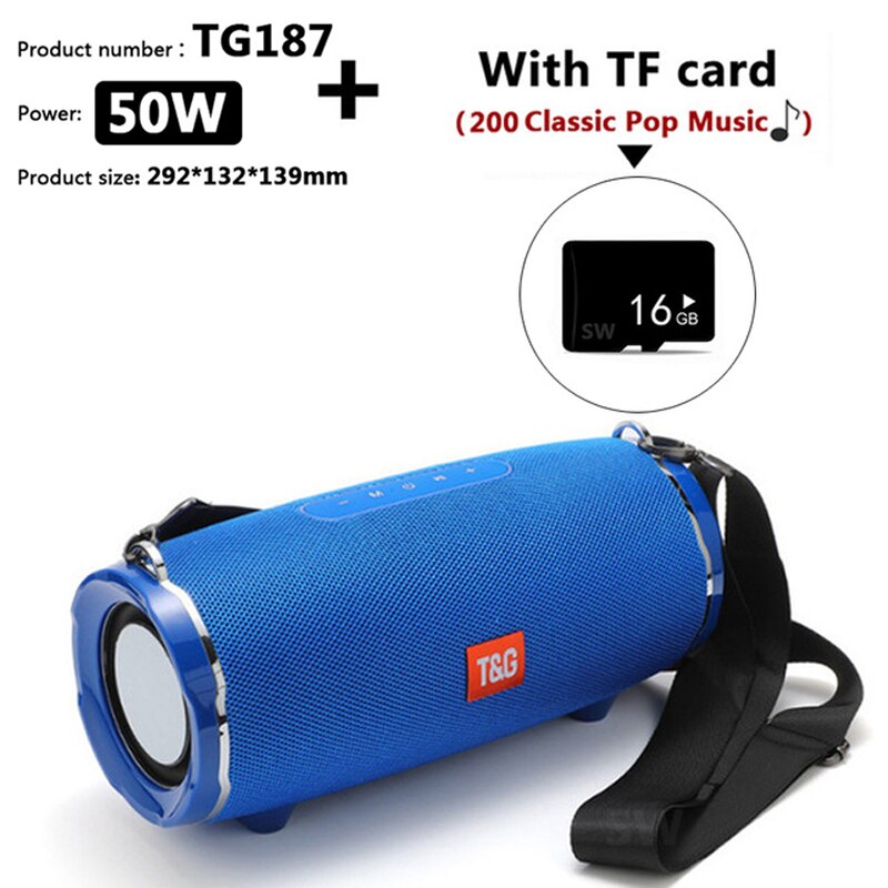 TG187 Altoparlante Bluetooth da 50 W ad alta potenza Colonna portatile impermeabile da esterno Altoparlante potente per altoparlanti per computer Subwoofer BoomBox Supporto per sistema 3DStereo Music Center TF FM AUX: TG187 Blue TF card