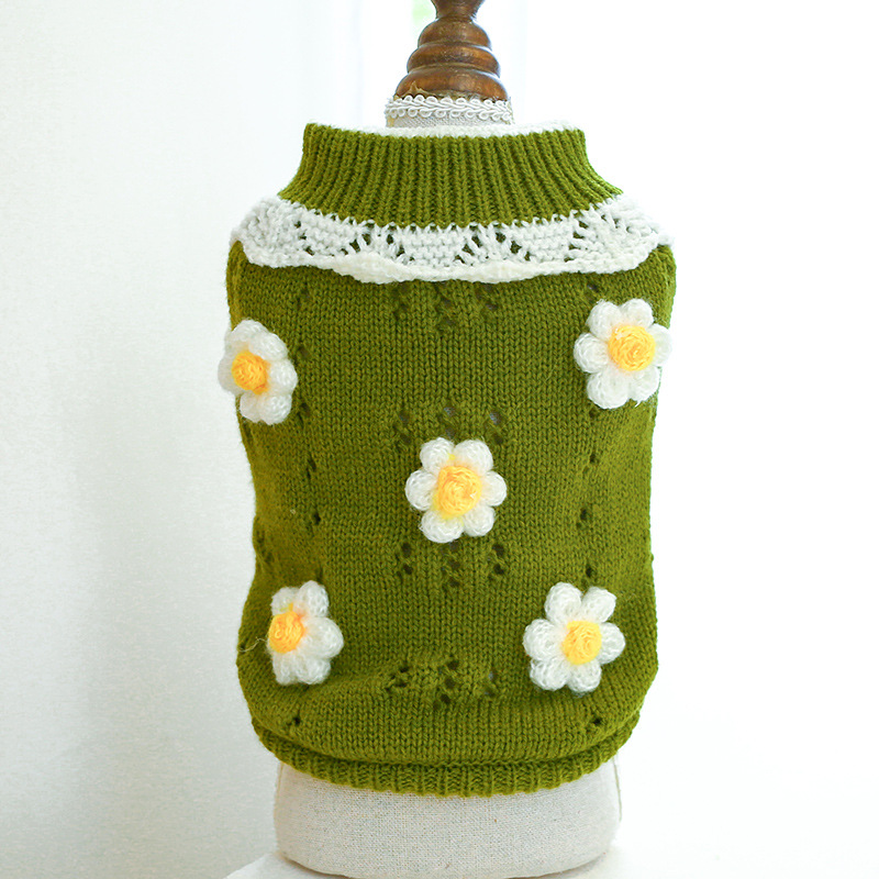 Pull à fleurs de marguerite pour chien, manteau d&#39;hiver en tricot, vêtement pour chat, yorkshire, Schnauzer, bouledogue français: green 2 / XS