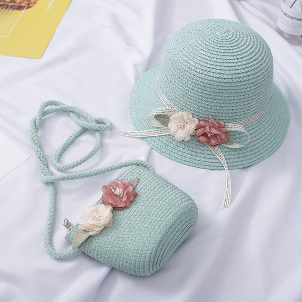 Sombrero de paja de verano para niñas de 2 a 7 años, sombrero para el sol para turismo, sombrero para el sol de flores para niños y niñas, conjunto de bolso, bolsa de paja de playa, bolso de hombro, bolsos #3: C