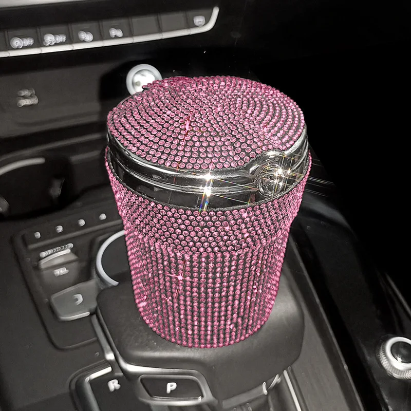 Cenicero de coche portátil para mujer, portavasos cilíndrico sin humo con indicador de luz LED azul, accesorios para coche: Rosa