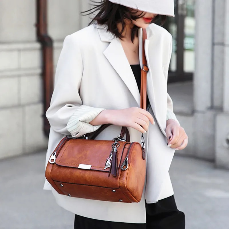 Tassel Decor Dames schoudertas met grote capaciteit Mode Rits Crossbody Tas met afneembare riem Boston Handtas