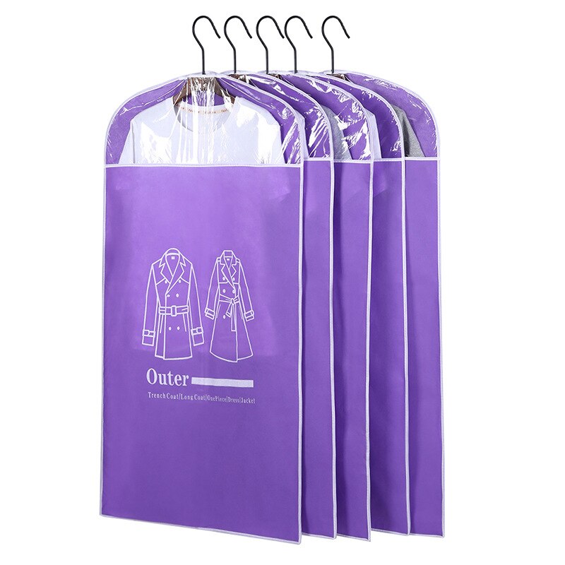 5Pcs/Set Closet Hanging Clothes Dust Cover Waterproof Garment Bag Wardrobe Suit Coat Dress Organizer: Purple   L
