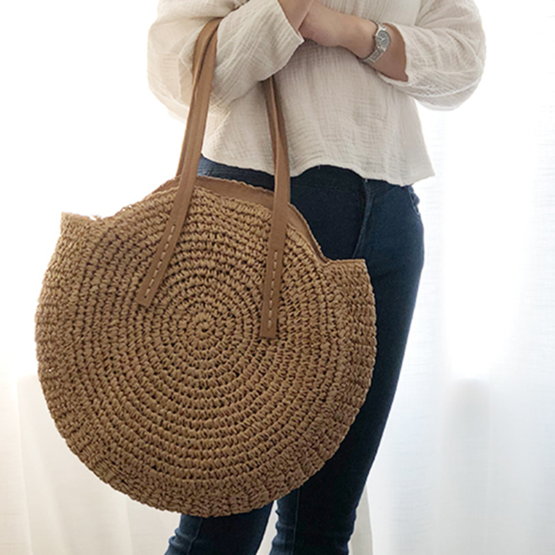 Ronde Stro Strandtas Vintage Handgemaakte Geweven Schoudertas Raffia Cirkel Rotan Zakken Bohemian Zomervakantie Casual Tassen