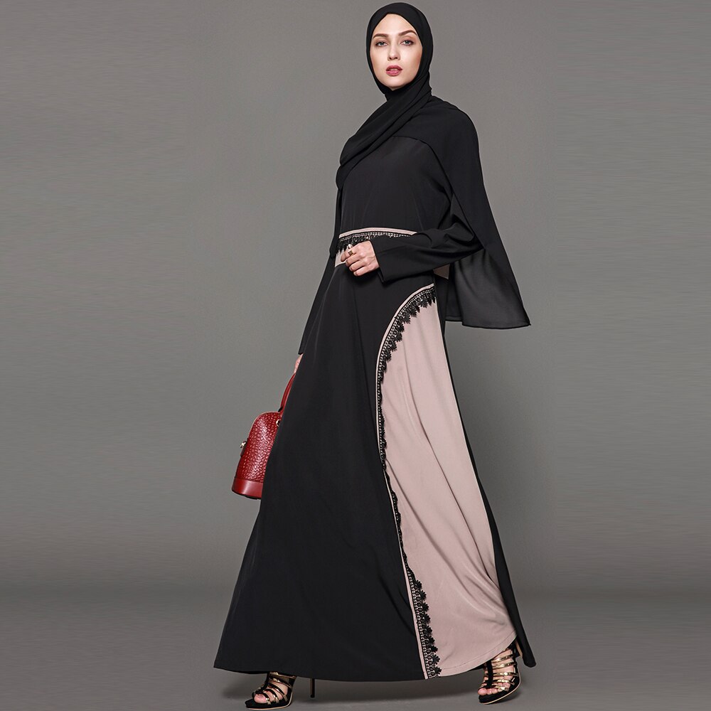 Adult Modest Muslim Abaya Arab Robe Turkish Patchwork Black Full Length O-Neck Dress Dubai Muslims Women Dresses Islamic