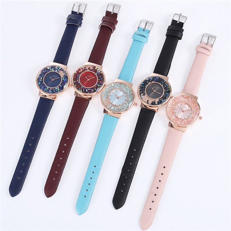 Vrouwen Horloges Luxe Rhinestone Blauw Rood Quartz Horloge Mode Dames Horloge Lederen Armband Horloges