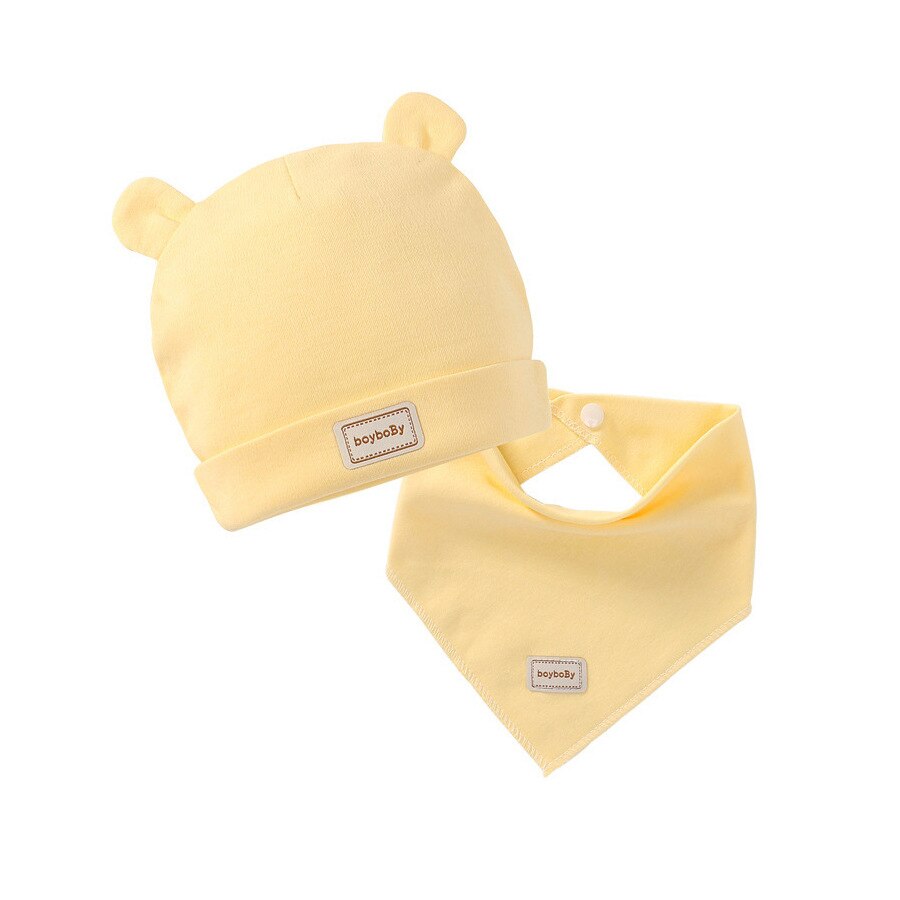 0-3Month Baby Hoed Slabbetjes Jongen Meisje Mutsen Leuke Pure Kleur Oren Motorkap Baby Hoeden Peuter Kids Katoen Kwijlen Handdoek Outdoor cap: Bear - Yellow