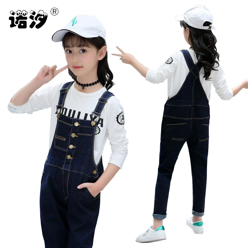 Salopette en Denim pour filles | Tenue tendance pour enfants 3-13T, pantalons à bretelles, solide, collection printemps automne