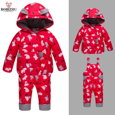 Jongen Meisje Winter Set Kids Ganzendons 95% + Peuter Hooded Jas Baby Warm Animal patroon Vier Kleur Optionele Baby skipak: Red / 110