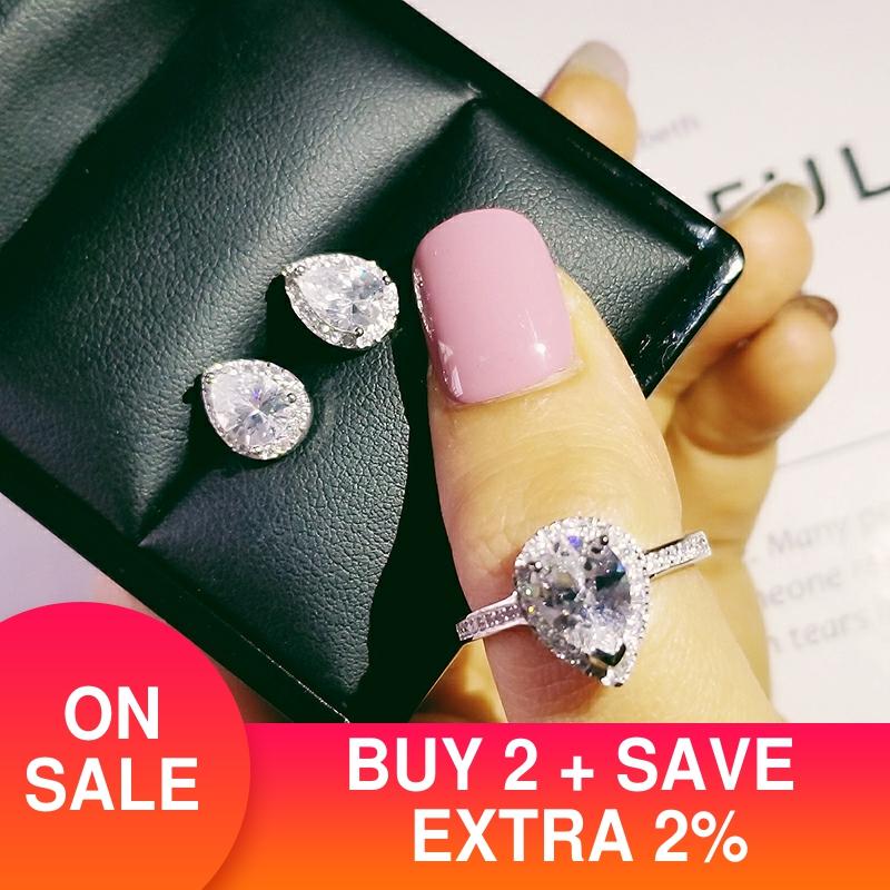 Real 925 Sterling Silver pear zircon jewelry set Engagement ring stud earring for Wedding christmas Valentine's Day J1473