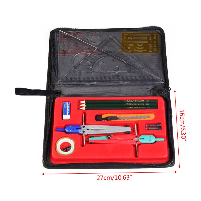 Drawing Compass Drafting Tool Set Ruler Pencil Eraser Math Student School Supply