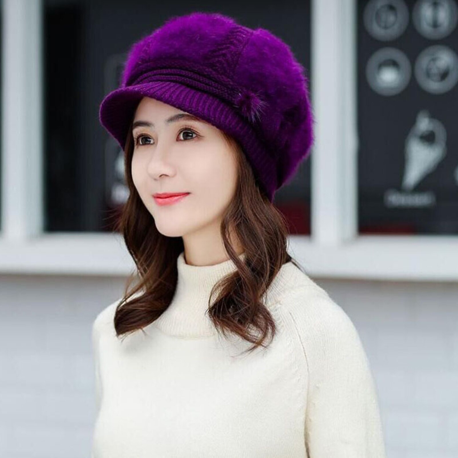 Winter dames gebreide baret muts met klep verguld roze wijnrood warme zachte effen muts dames imitatiebont muts