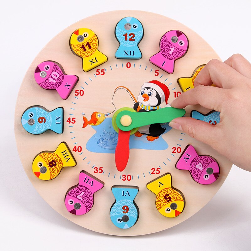 Colorful Baby toy Learning Education Wooden Clock Toy Cartoon Penguin Mermaid Fishing Game Clock Number Time Funny Gadgets Toys