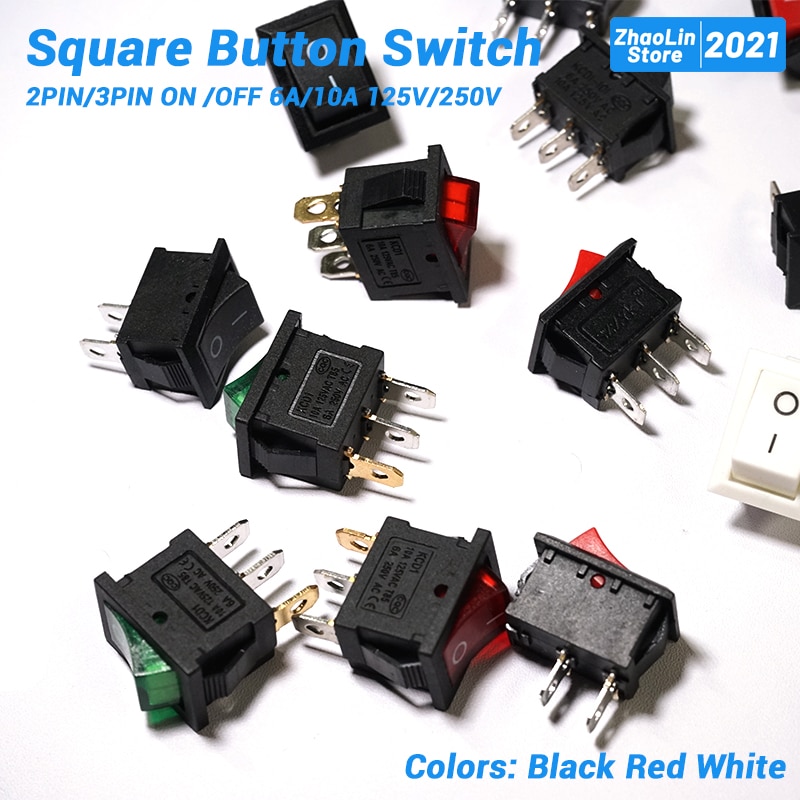 Square Button Switch For Boat Car Rocker Switch 2PIN/3PIN ON /OFF 6A/10A 125V/250V Black Red and White