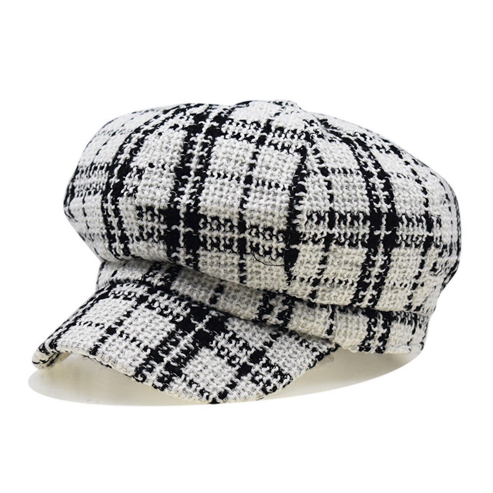 Tweed-Plaid Newsboy Newsboy Cap for Women,Cabbie Beret Visor Brim Hat: White