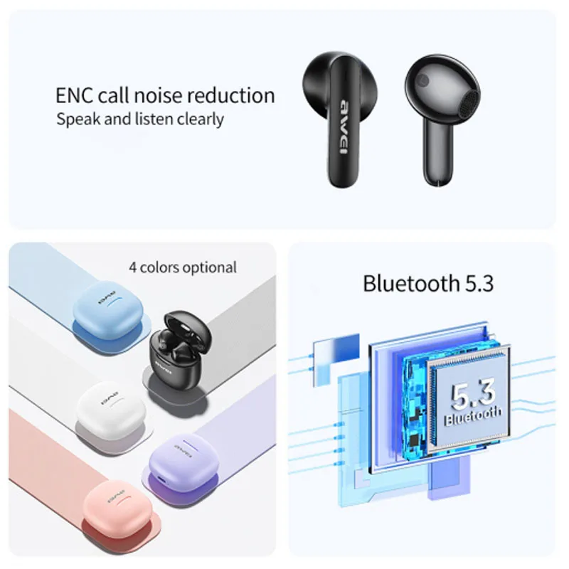 Awei T68 ENC słuchawki douszne z redukcją hałasu 5.3 słuchawki Bluetooth z 4 Mic bezprzewodowy zestaw słuchawkowy Gamer HiFi Bass Sound słuchawki sportowe