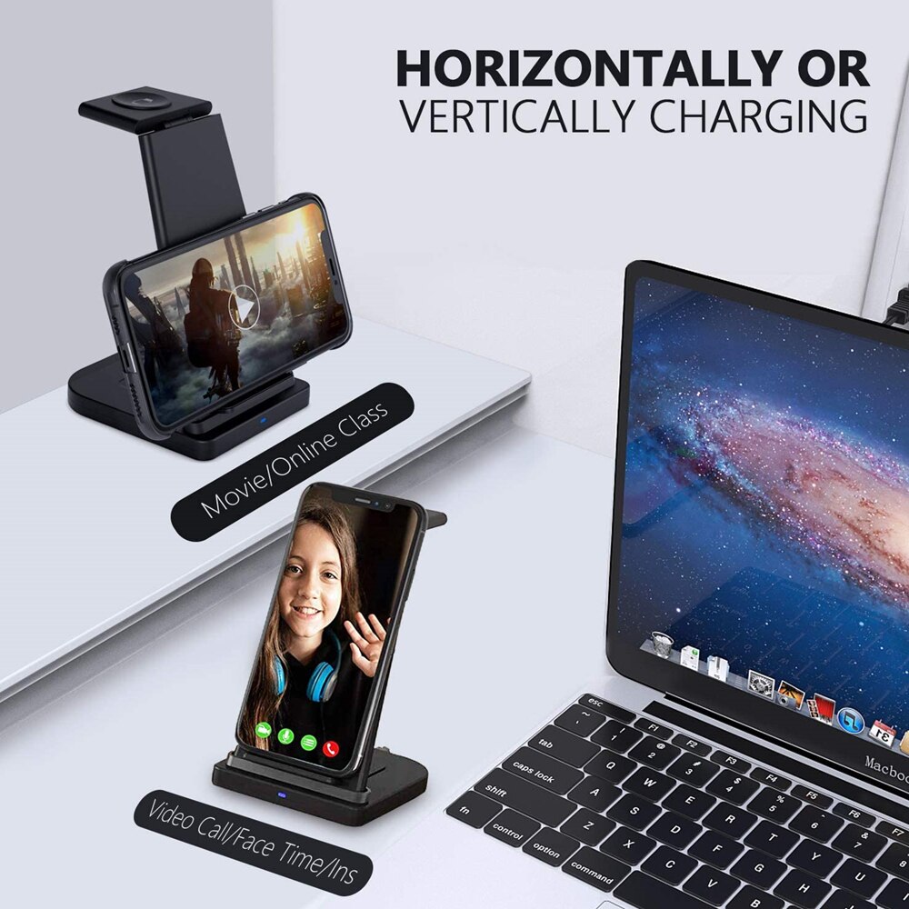 DCAE 3-in-1 Wireless Charger Station Stand - 15W Fast Charging for iPhone, Apple Watch, AirPods Pro