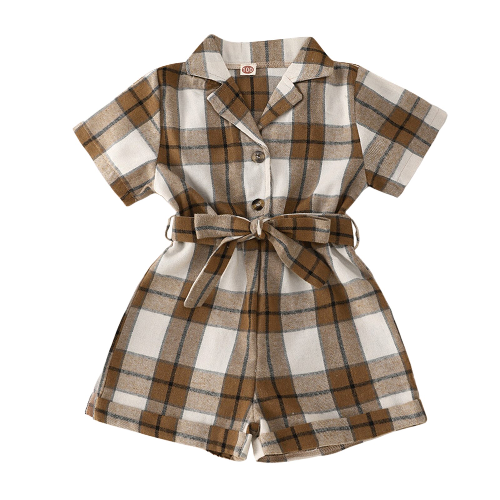 2-6Years Baby Meisje Romper, Korte Mouw Revers Hals Plaid Print Patchwork Peuters Shorts Jumpsuit