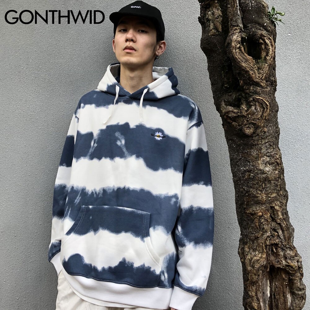 GONTHWID Harajuku Embroidery Daisy Tie Dye Striped Fleece Hoodies Sweatshirts Streetwear Mens Hip Hop Casual Pullover Tops