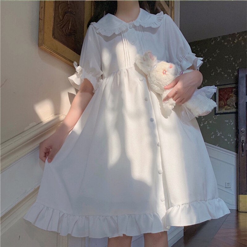 Blanco Lolita de diario vestido para adolescentes Retro Vintage gótico victoriano estilo japonés, estudiante de la escuela volantes chica dulce princesa