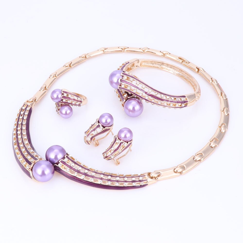 Mærke smykker sæt guld farve smykker sæt kvinder bryllup tilbehør til kvinder simuleret perle krystal halskæde øreringe sæt: Lilla