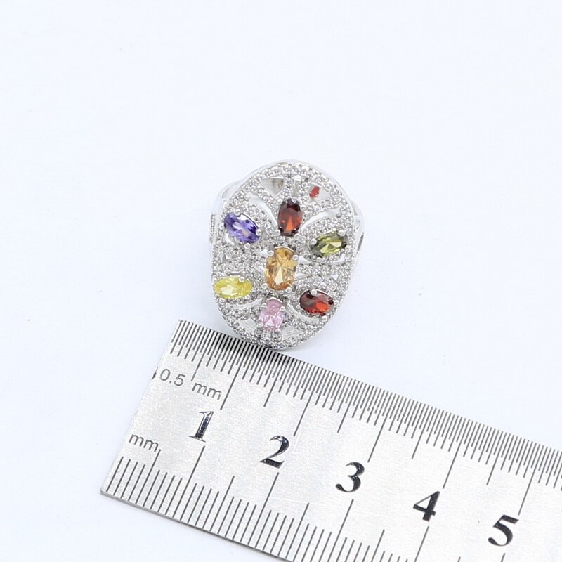 Sølvfarvede bryllupssmykker flerfarvede sten cubic zirconia smykkesæt til kvinder øreringe/vedhæng/halskæde/ring/armbånd