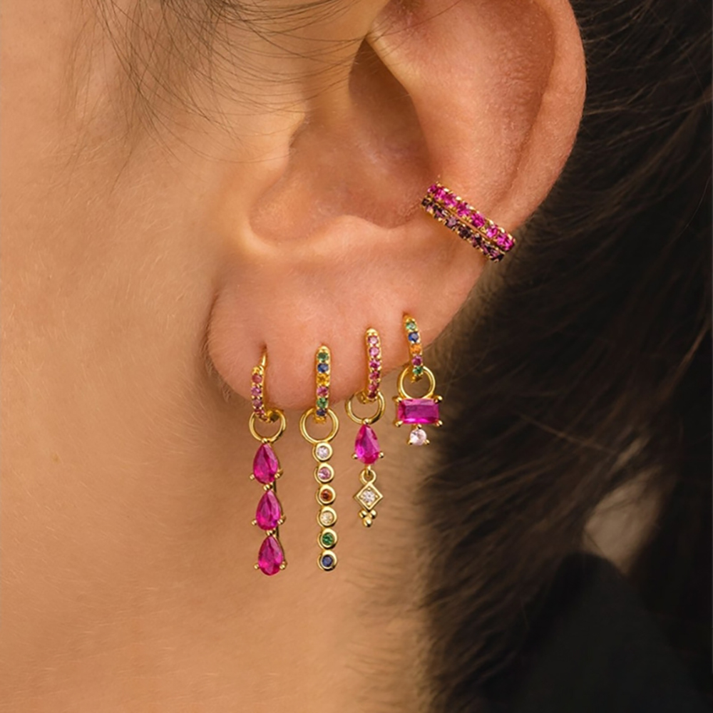 Pendiente de aro de gota de agua de acero inoxidable con circonita roja y rosa de lujo para mujer, joyería Huggie chapada en oro de 18 quilates, pendientes para mujer
