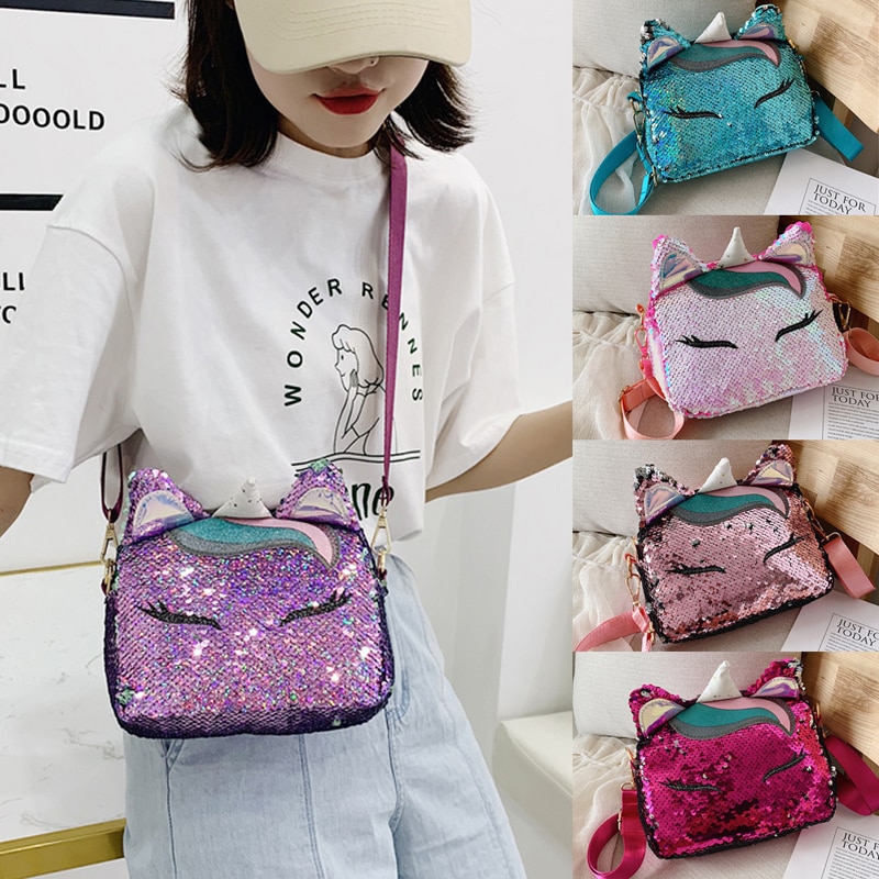 Unicorn Shoulder Bags for girls Travel Women Cartoon Print Sequin Bags Glitter luxury Leather Crossbody Hobo Bag Satchel /BY