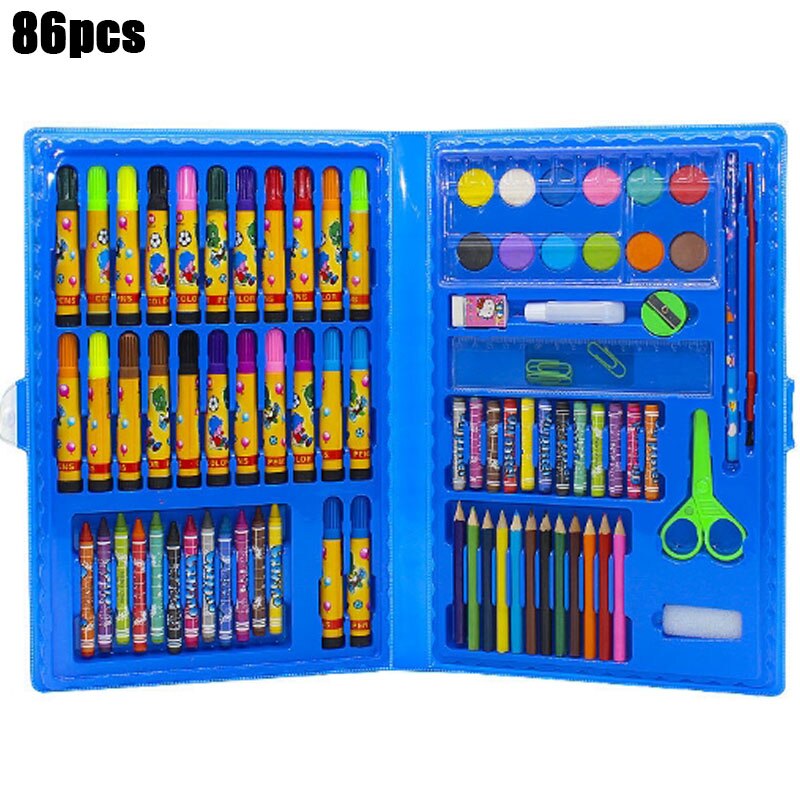 Children&#39;s Drawing Set Pencil Crayon Watercolor Pens With Drawing Board School Water Painting Supplies Educational Toys: 86 PCS Blue