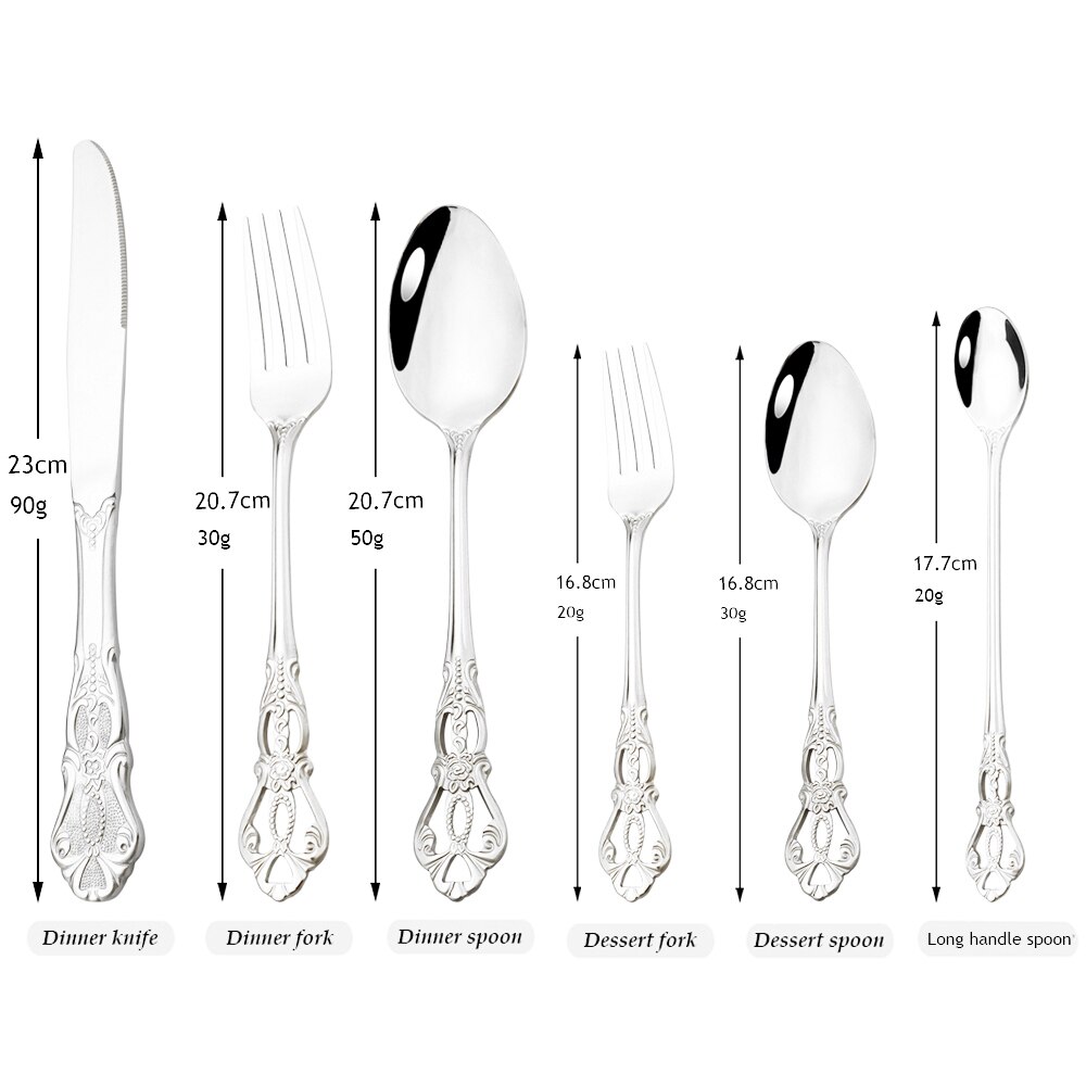 Drmfiy 6/30Pcs Silver Dinnerware Set Knife Dessert Fork Spoon Flatware Stainless Steel Cutlery Kitchen Silverware Tableware Set