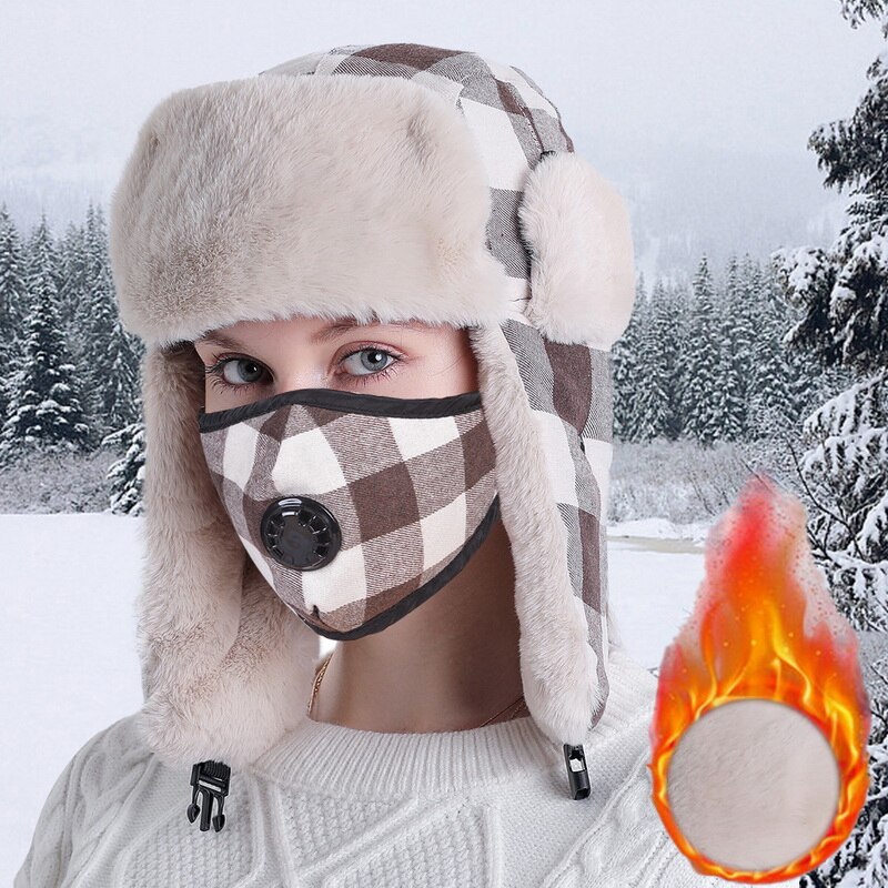 Wintermutsen heren dames warme mutsen plus fluwelen koudebestendige verstelbare mutsen winddichte gezichtsbedekking skimutsen sets gymmutsen: Pet gezichtsbedekking kaki