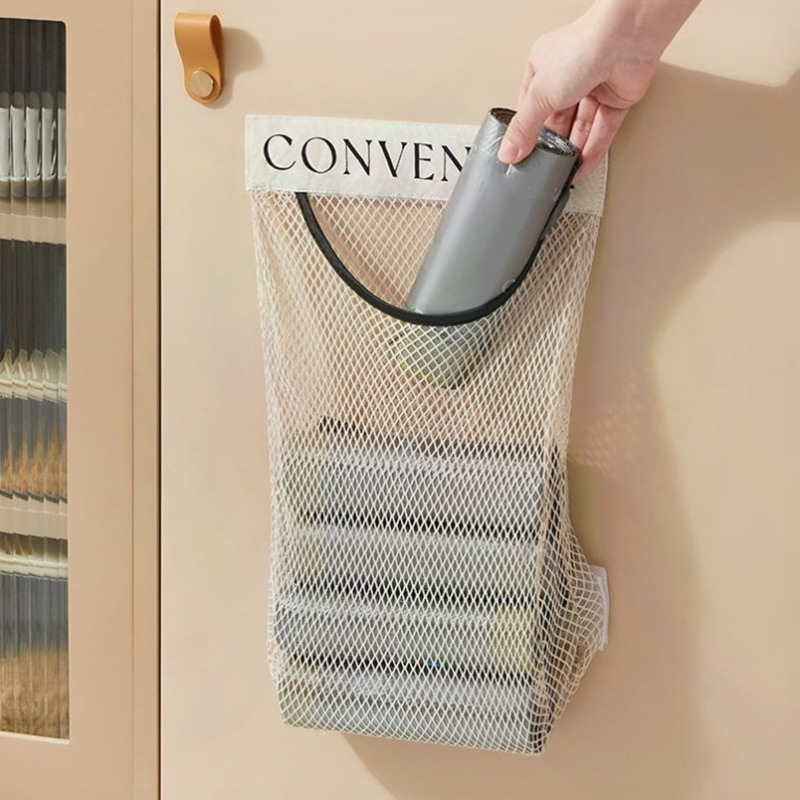 Bolsa de almacenamiento de malla para montaje en pared, soporte para bolsa de basura, dispensador de bolsas de compras de plástico, bolsa de artículos diversos, almacenamiento de red, organizador de bolsas de comestibles
